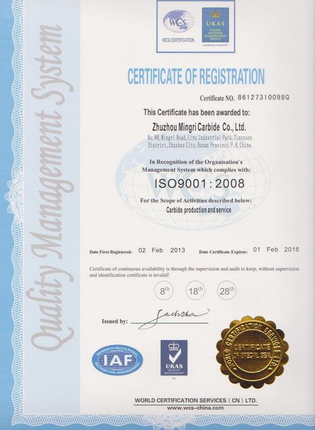Chine Zhuzhou Mingri Cemented Carbide Co., Ltd. certifications
