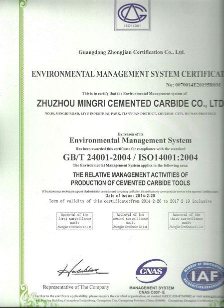 Chine Zhuzhou Mingri Cemented Carbide Co., Ltd. certifications